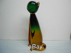 VTG MID CENTURY Modern Murano Heavy Hand Blown Art Glass Cat Amber Green 10