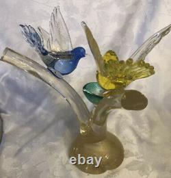 VTG Murano Birds On Branch With Nest Art Glass Figurine Yellow, Blue, Green, Gold