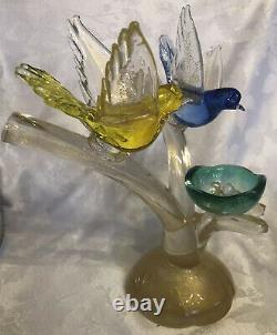 VTG Murano Birds On Branch With Nest Art Glass Figurine Yellow, Blue, Green, Gold