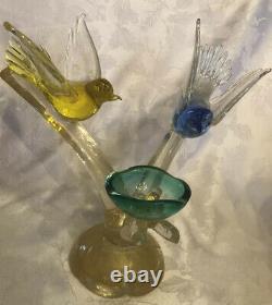 VTG Murano Birds On Branch With Nest Art Glass Figurine Yellow, Blue, Green, Gold