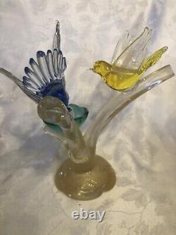 VTG Murano Birds On Branch With Nest Art Glass Figurine Yellow, Blue, Green, Gold