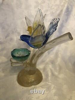 VTG Murano Birds On Branch With Nest Art Glass Figurine Yellow, Blue, Green, Gold