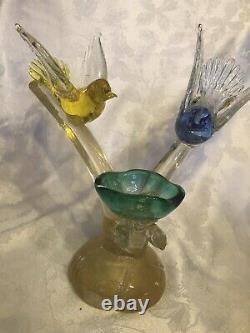 VTG Murano Birds On Branch With Nest Art Glass Figurine Yellow, Blue, Green, Gold