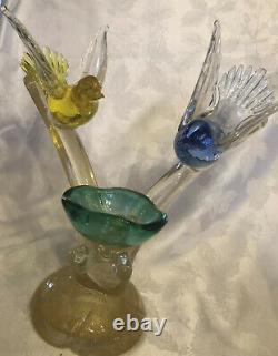 VTG Murano Birds On Branch With Nest Art Glass Figurine Yellow, Blue, Green, Gold