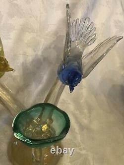 VTG Murano Birds On Branch With Nest Art Glass Figurine Yellow, Blue, Green, Gold