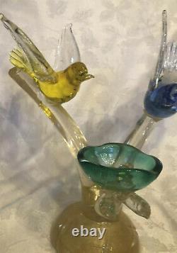 VTG Murano Birds On Branch With Nest Art Glass Figurine Yellow, Blue, Green, Gold