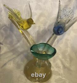 VTG Murano Birds On Branch With Nest Art Glass Figurine Yellow, Blue, Green, Gold