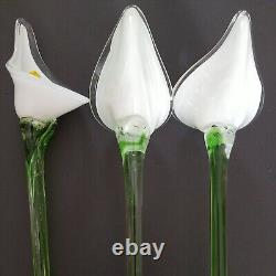 VTG Murano Hand Blown 3 White Calla Peace Lily Long Stem Art Glass Flowers 19.5