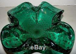 VTG Murano Hand Blown Glass Bowl Emerald Controlled Bubbles 8x8x2