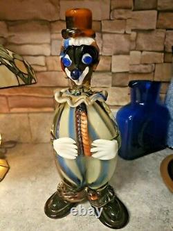 VTG Murano Hand Blown Glass Clown Brown White Blue Stripe Swirl Art Glass 12