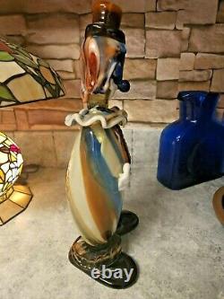 VTG Murano Hand Blown Glass Clown Brown White Blue Stripe Swirl Art Glass 12