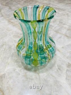 VTG Murano Latticino Venetian Ribbon Art Hand Blown Glass Vase ITALY