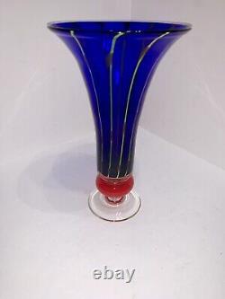 VTG Murano Studio Art Glass TulipVase Hand Blown Cobalt Blue Yellow Red