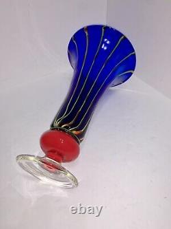 VTG Murano Studio Art Glass TulipVase Hand Blown Cobalt Blue Yellow Red