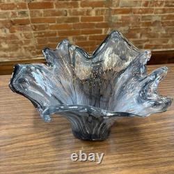 VTG Murano Style Art Deco Glass Flower Bowl Vase Italy Hand Blown Smokey Gray