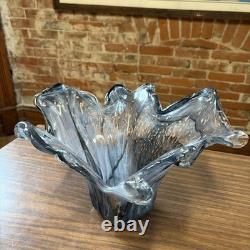 VTG Murano Style Art Deco Glass Flower Bowl Vase Italy Hand Blown Smokey Gray
