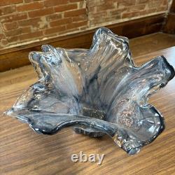 VTG Murano Style Art Deco Glass Flower Bowl Vase Italy Hand Blown Smokey Gray