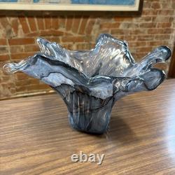 VTG Murano Style Art Deco Glass Flower Bowl Vase Italy Hand Blown Smokey Gray