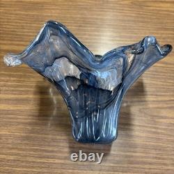 VTG Murano Style Art Deco Glass Flower Bowl Vase Italy Hand Blown Smokey Gray