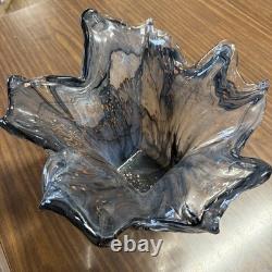 VTG Murano Style Art Deco Glass Flower Bowl Vase Italy Hand Blown Smokey Gray