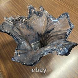 VTG Murano Style Art Deco Glass Flower Bowl Vase Italy Hand Blown Smokey Gray
