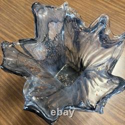 VTG Murano Style Art Deco Glass Flower Bowl Vase Italy Hand Blown Smokey Gray
