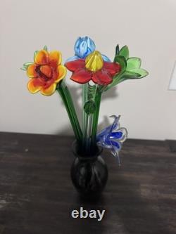 VTG Murano Style Hand Blown Art Glass Flowers Set of 6 Long Stem Floral Decor