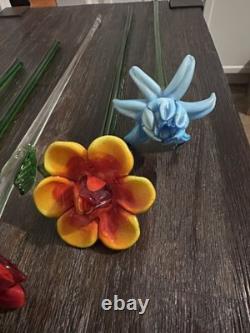 VTG Murano Style Hand Blown Art Glass Flowers Set of 6 Long Stem Floral Decor