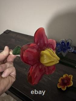 VTG Murano Style Hand Blown Art Glass Flowers Set of 6 Long Stem Floral Decor