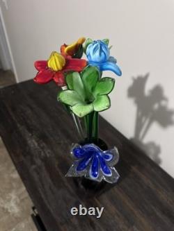 VTG Murano Style Hand Blown Art Glass Flowers Set of 6 Long Stem Floral Decor