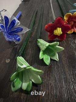 VTG Murano Style Hand Blown Art Glass Flowers Set of 6 Long Stem Floral Decor