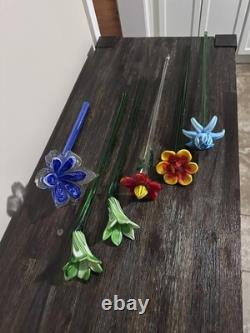 VTG Murano Style Hand Blown Art Glass Flowers Set of 6 Long Stem Floral Decor