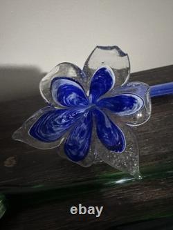VTG Murano Style Hand Blown Art Glass Flowers Set of 6 Long Stem Floral Decor