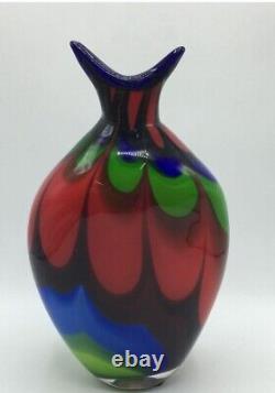 VTG Murano Style Hand Blown Art Glass Vase Heavy Multicolored Red/Blue & Green