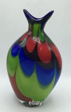 VTG Murano Style Hand Blown Art Glass Vase Heavy Multicolored Red/Blue & Green