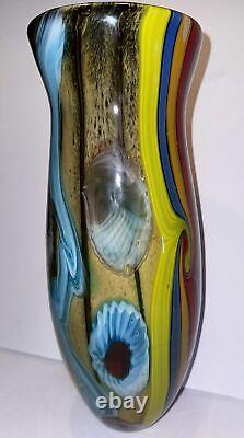 VTG Vibrant Hand Blown Murano Millefiori & Swirl Art Glass Vase No Label 15