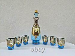 Venetian Murano Glass Hand Painted Set 6 Gold Blue Enamel Glasses, Decanter