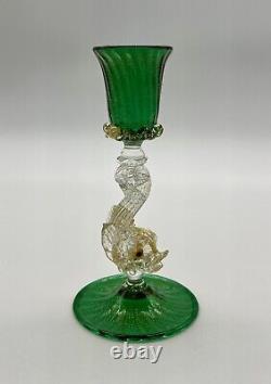 Venetian Murano Hand Blown Emerald Green Gold Cordial Glass Gold Dolphin Stem 5