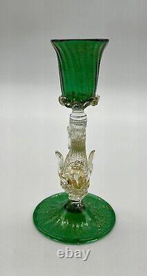 Venetian Murano Hand Blown Emerald Green Gold Cordial Glass Gold Dolphin Stem 5