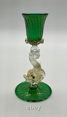 Venetian Murano Hand Blown Emerald Green Gold Cordial Glass Gold Dolphin Stem 5