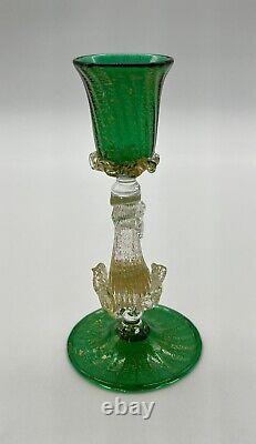 Venetian Murano Hand Blown Emerald Green Gold Cordial Glass Gold Dolphin Stem 5