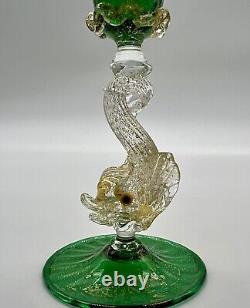 Venetian Murano Hand Blown Emerald Green Gold Cordial Glass Gold Dolphin Stem 5