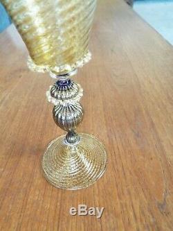 Venetian Murano Italian Cobalt & Gold Foil Art Glass Goblet Stem