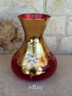 Venetian Murano Italian Ruby Red/Gold Glass Vase Hand Painted Enameled Flowers