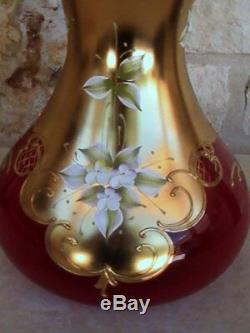 Venetian Murano Italian Ruby Red/Gold Glass Vase Hand Painted Enameled Flowers