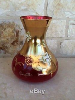 Venetian Murano Italian Ruby Red/Gold Glass Vase Hand Painted Enameled Flowers