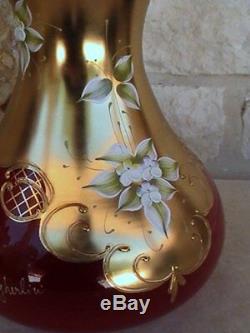 Venetian Murano Italian Ruby Red/Gold Glass Vase Hand Painted Enameled Flowers