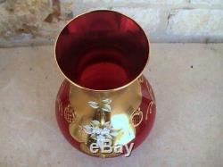 Venetian Murano Italian Ruby Red/Gold Glass Vase Hand Painted Enameled Flowers