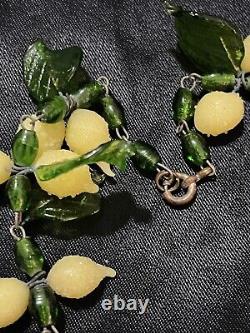 Venetian Murano Lemon Necklace Hand Blown Frosted Glass Fruit Leaf (INV# 11)