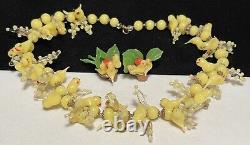 Venetian Murano Set 30's Hand Blown Yellow Glass Birds Necklace Earrings Italy